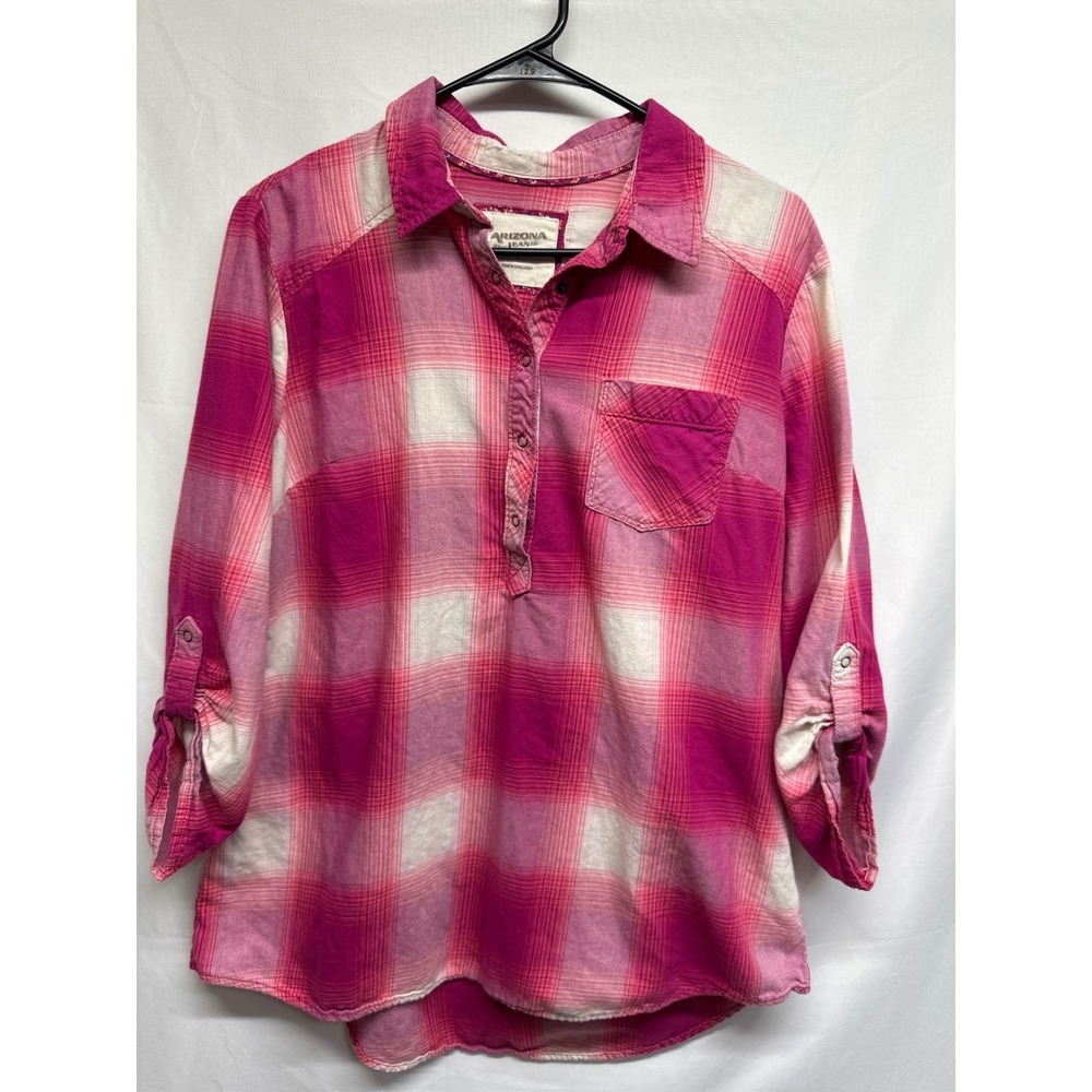 Arizona Jeans Co. Womens Size Large Pink Plaid Collared Roll Tab Sleeve Shirt